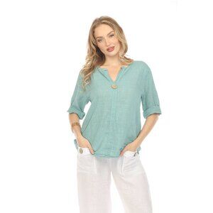Sea Green 3/4 Sleeves Top with Bamboo Button